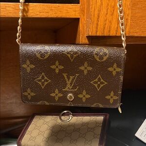 Louis Vuitton Monogram Porte-Monnaie Tresor Wallet w/ Crossbody Chain